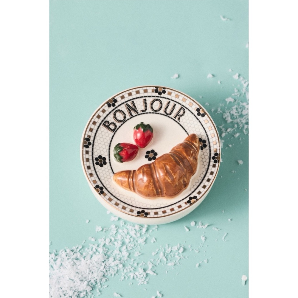 Anthropologie Handpainted Baking Hobby Tiny Trinket Box Black/White Croissant